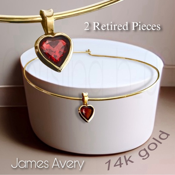 James Avery Jewelry - 14k gold James Avery collet hook-on necklace & garnet heart pendant both retired